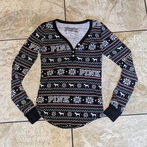 Victorias Secret Women XS Top Thermal Pink Pajama Henley Christmas Holiday Shirt